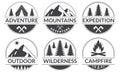 Adventure logo or badge set with mountains and forest. Outdoor expedition emblem. Camp with camfire label. Vector illustration